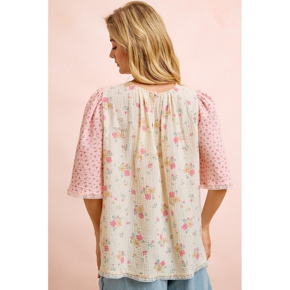 BiBi Crinkle Floral Gauze Mix And Matched Blouse Top - Cream/Pink - Medium - Picture 4 of 11